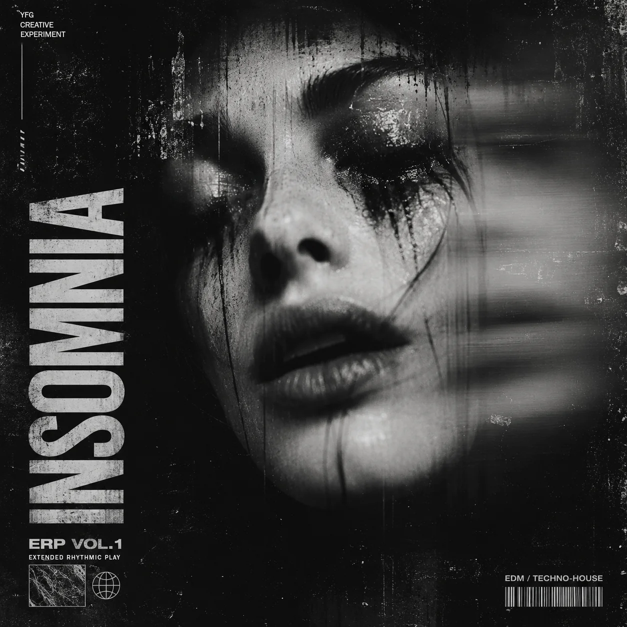 Insomnia ERP Vol.1 cover art: a black and white portrait seen through wet, scratched glass, the face half lost to motion blur.
